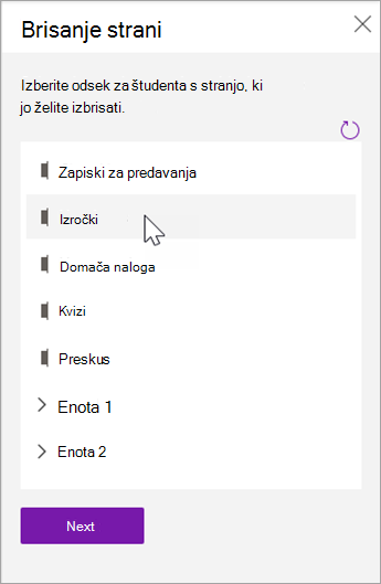 Izberite razdelek za učence s stranjo, ki jo želite izbrisati.