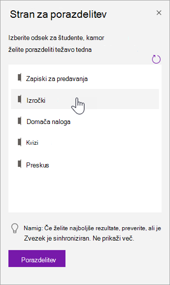 Izberite odsek za študenta v podoknu strani za porazdelitev.