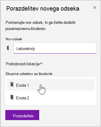 Izberite mesto skupine odsekov.