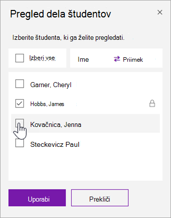 Potrdite polje, da zaklenete posamezno stran študenta.