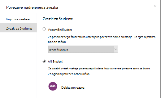 Za posamezne zvezke učenca ustvarite povezave samo za branje.