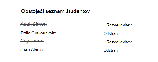 Imena odstranjenih študentov so prečrtana na seznamu obstoječih študentov z možnostma »Razveljavi« in »Odstrani« zraven vseh imen.