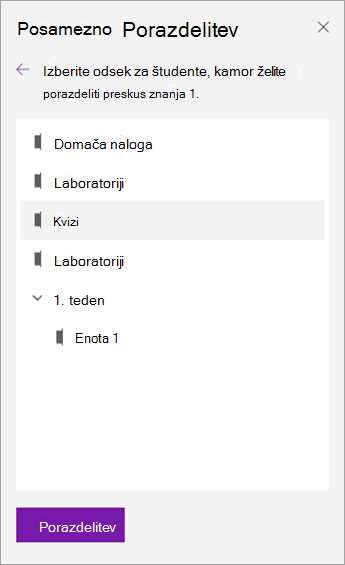 Izberite odsek zvezka.