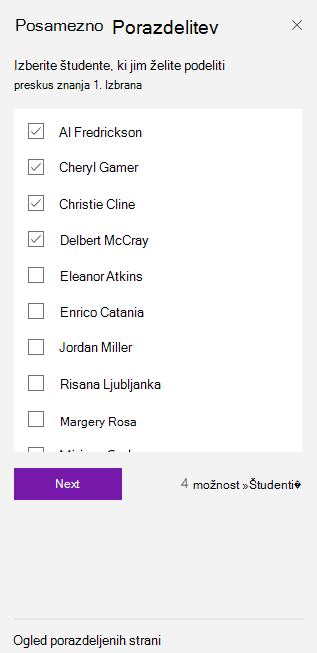 S potrditvenimi polji izberite študente.