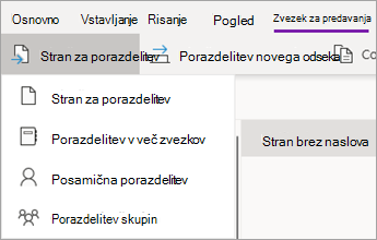 Gumb »Porazdeli stran« s spustnim seznamom dejanj.