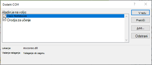 Podokno »Dodatki COM«
