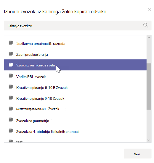 Izberite zvezek, iz katerega želite kopirati odseke.