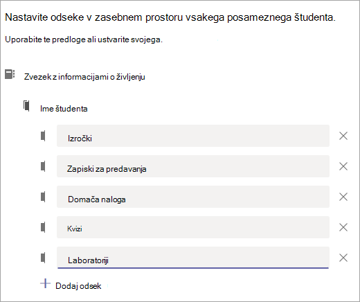 Nastavite odseke v zasebnem prostoru posameznega študenta.