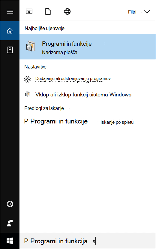 Odprite začetni meni in vnesite Program in funkcije