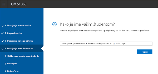 Posnetek zaslona z navodili za dodajanje imen študentov v program za ustvarjanje zvezka za predavanja.