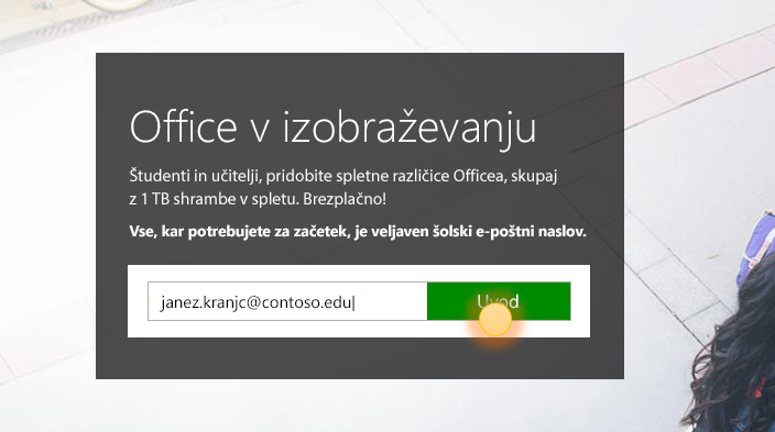 Posnetek zaslona uvodne strani za vpis.