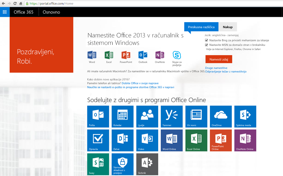 Posnetek zaslona postopka namestitve storitve Office 365 v PC.