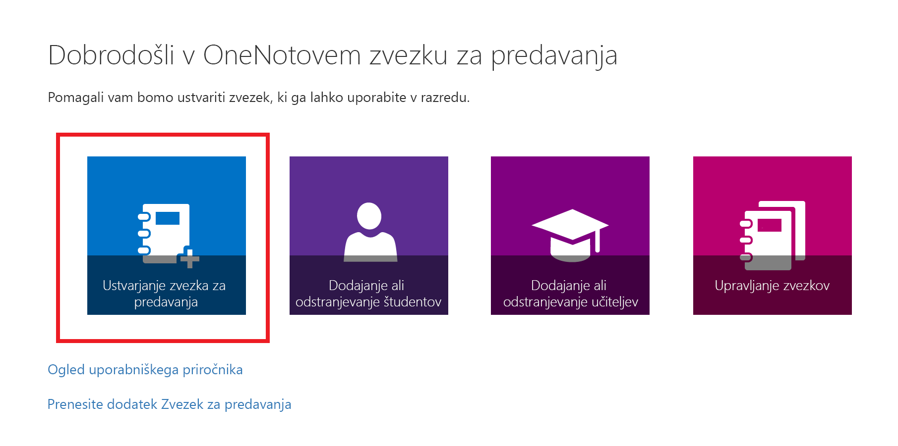 Posnetek zaslona pozdravne strani programa Zvezek za predavanja.