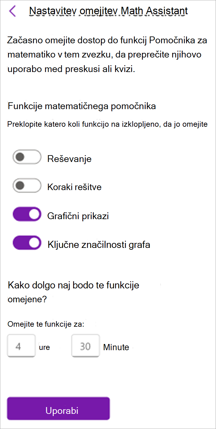 Posnetek zaslona podokna pomočnika za matematične učence v zvezku za predavanja. Tu lahko vklopite ali izklopite orodja pomočnika za matematične vaje, vključno z reševanjem, koraki rešitev, ustvarjanjem grafov in ključnimi funkcijami grafikonov.