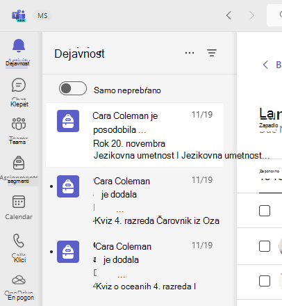 Posnetek zaslona dejavnosti.