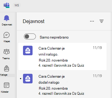 Posnetek zaslona dejavnosti.