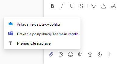 Posnetek zaslona, na katerem je prikazan meni »Datotečna priloga« z možnostma »Nalaganje« in »Datoteka v oblaku«.