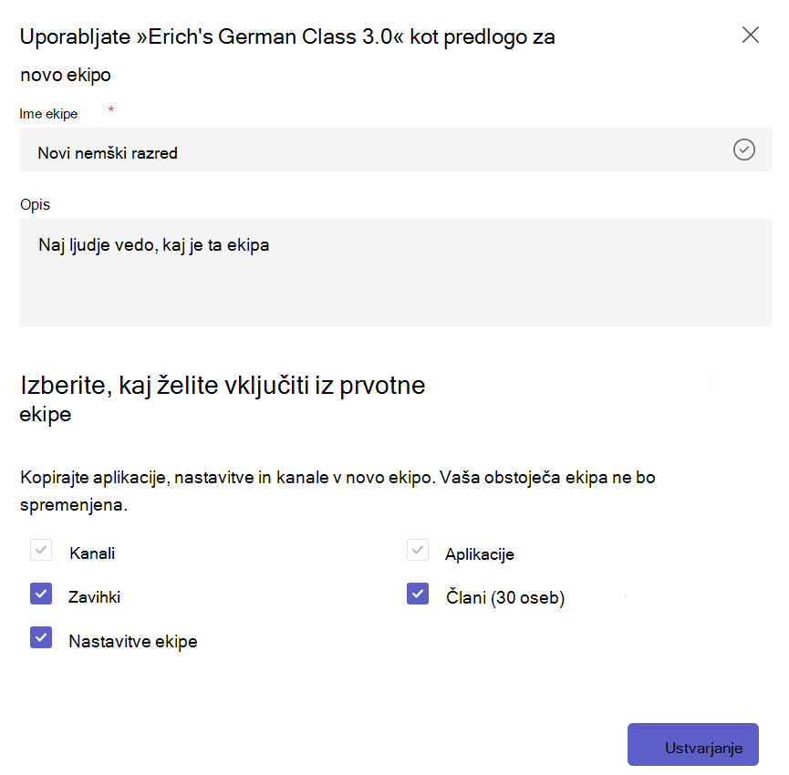 Posnetek zaslona, ki prikazuje ustvarjanje nove skupine iz obstoječe predloge skupine in izbiro vsebine, ki jo želite kopirati.