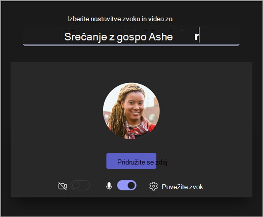 Posnetek zaslona, ki se odpira, ko učitelj začne sestanek v aplikaciji Microsoft Teams za izobraževanje.