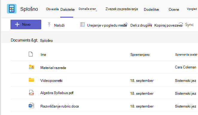Posnetek zaslona, na katerem je prikazan zavihek, Files prikazan učno gradivo in datoteke v skupni rabi.