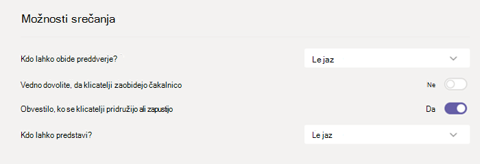 Možnosti srečanja v aplikaciji Teams.