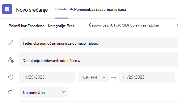Posnetek zaslona novega srečanja.
