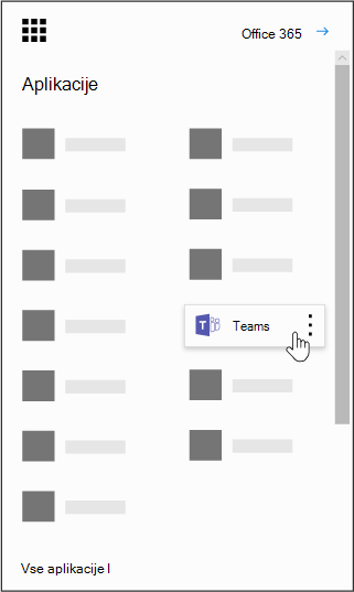 Zaganjalnik aplikacij v storitvi Office 365 z označeno aplikacijo Microsoft Teams