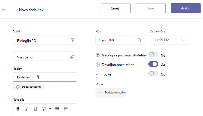 Izpolnite vse podrobnosti naloge in nato kliknite gumb »Dodeli«.