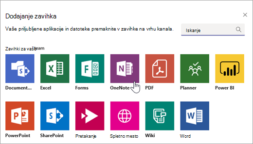 Dodajanje OneNota kot zavihka znotraj skupine.