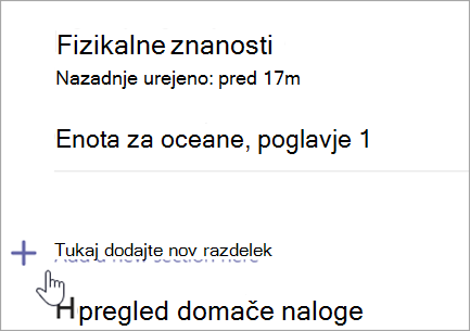 Posnetek zaslona, na katerem je prikazana stran zvezka za predavanja z možnostjo dodajanja novega odseka.
