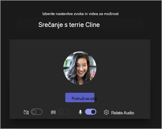 Posnetek zaslona, na katerem je prikazan začetni zaslon, ko učenec začne sestanek v aplikaciji Microsoft Teams za izobraževanje.
