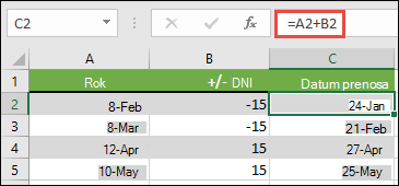 Prištejte ali odštejte dneve v datumu s formulo =A2+B2, pri čemer je A2 datum, B2 pa število dni za seštevanje ali odštevanje.
