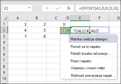 #CALC! napaka - matrika vsebuje obsege