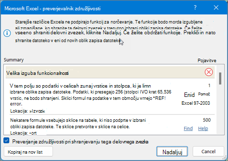 Uporaba funkcije Najdi za odpravljanje težav z združljivostjo Excelovega lista