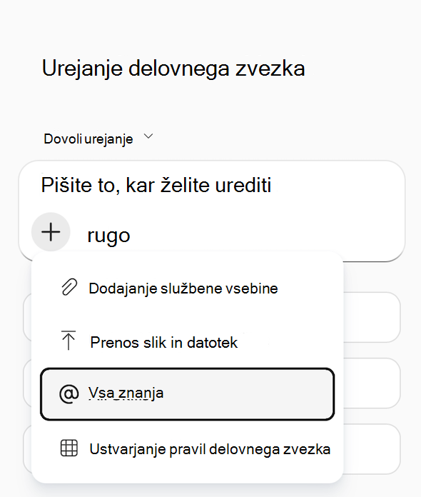 Posnetek zaslona Copilota v Excelovem meniju »Dodaj delovno vsebino« z označeno »Vse veščine«.