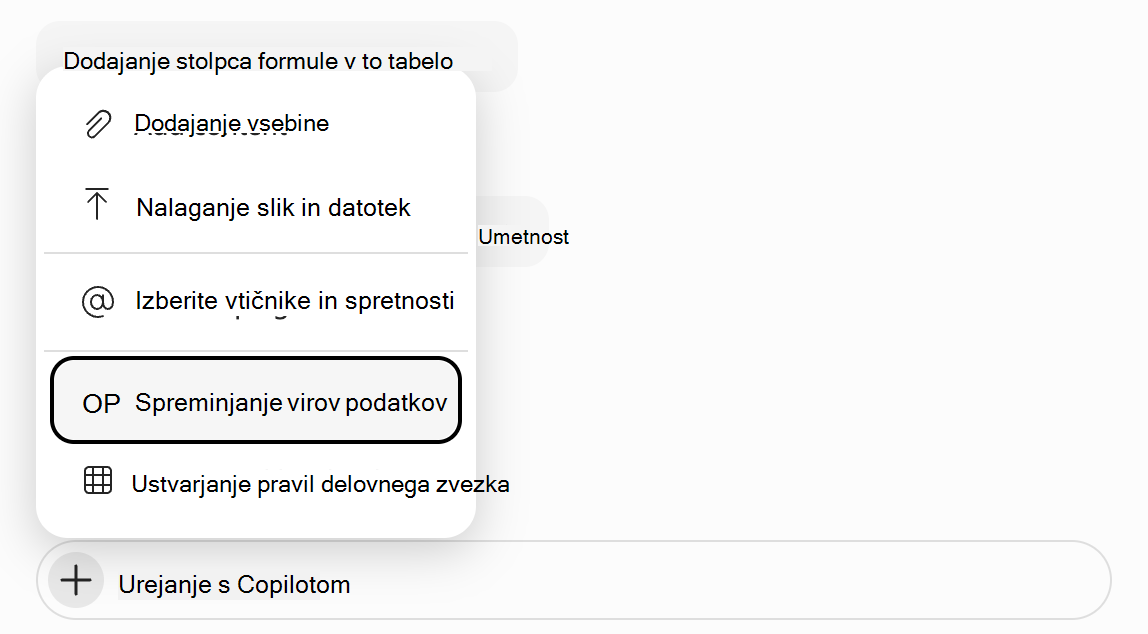 Posnetek zaslona polja poziva za Copilot v Excelu z označeno možnostjo »Spremeni vire podatkov«.