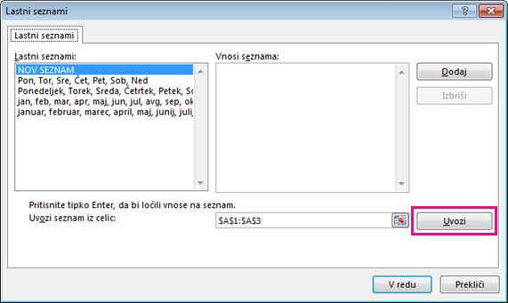 Uvažanje seznama po meri