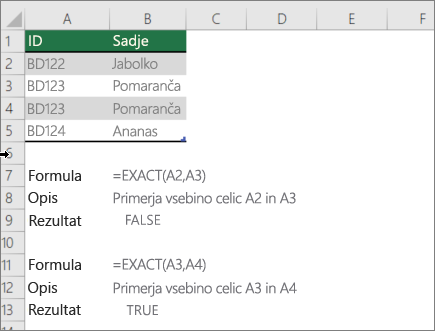 Primer uporabe funkcije EXACT za primerjavo ene celice z drugo