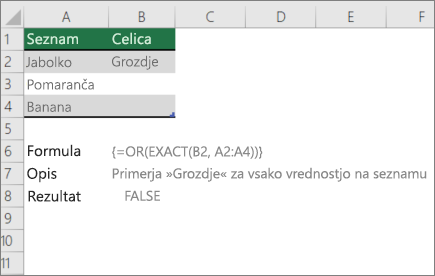 Primer uporabe funkcij OR in EXACT za primerjavo ene vrednosti s seznamom vrednosti