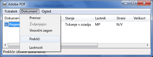 V meniju »Dokument« kliknite »Prekliči«.