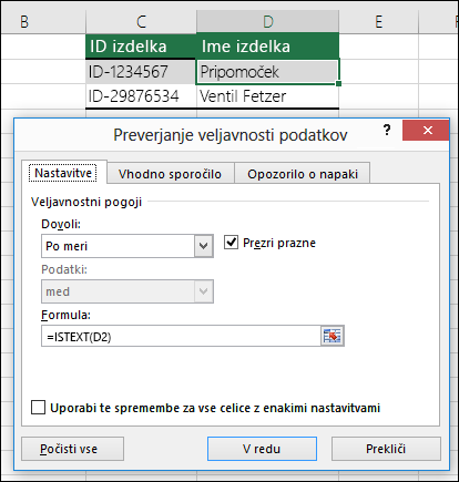 Primer 2: Formule pri preverjanju veljavnosti podatkov
