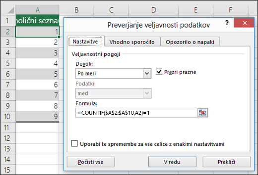 Primer 4: Formule pri preverjanju veljavnosti podatkov