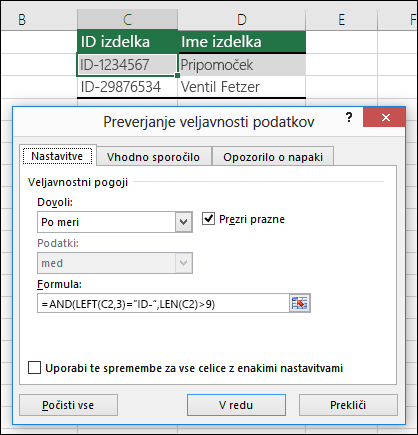 Primer 6: Formule pri preverjanju veljavnosti podatkov