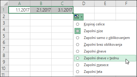 Uporaba ročice za polnjenje za ustvarjanje seznama zaporednih datumov