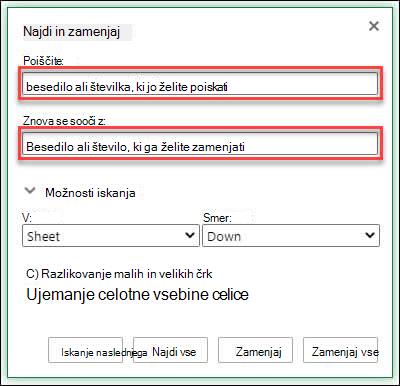 Zamenjava besedila ali številk v delovnem zvezku ali na delovnem listu s pritiskom na Ctrl+H
