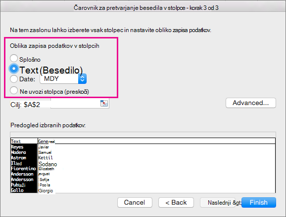 Step 3 in the wizard, Text option selected