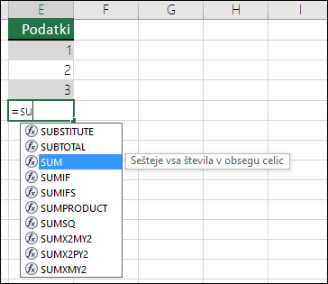 Samodokončanje Excelovih formul