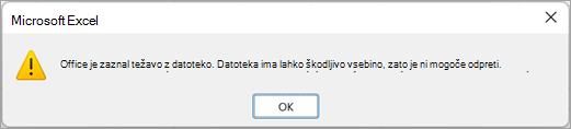 Pogovorno okno, v katerem piše, da je Excel zaznal težavo s to datoteko in da je ni mogoče odpreti.