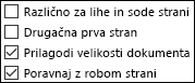 Možnosti glav in nog v pogovornem oknu za nastavitev strani