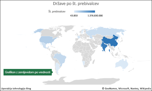 Excelov grafikon zemljevida s podatki o vrednosti